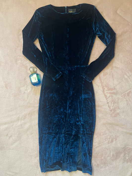 deep blue velvet slit dress