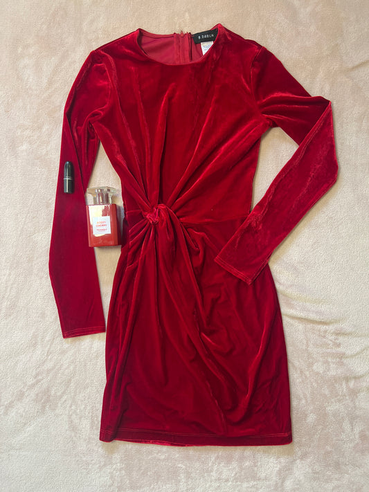 ruched red velvet mini dress