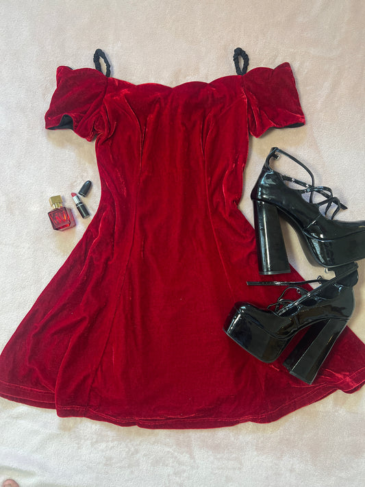 Red Velvet off shoulder mini dress