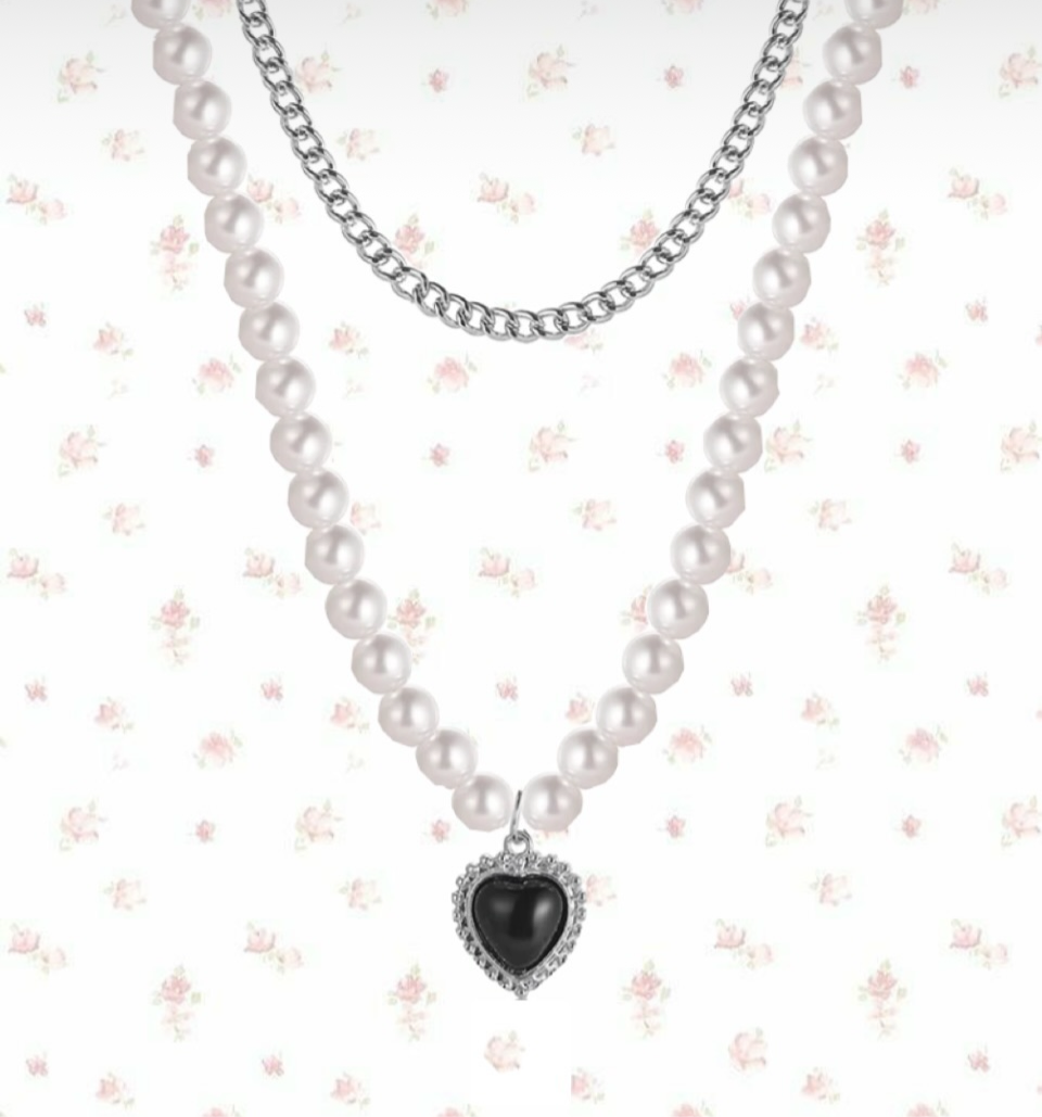 pearl black heart layered necklace