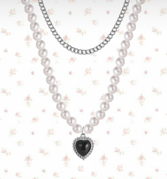 pearl black heart layered necklace