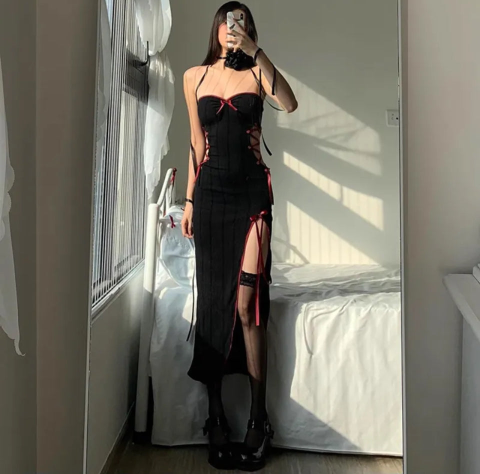 High Leg Slit Black bow dress